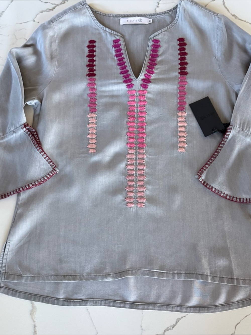 NWT Billy T Gray Pink Embroidered Bell Cuffs Boho Top Shirt Lyocell Size XS